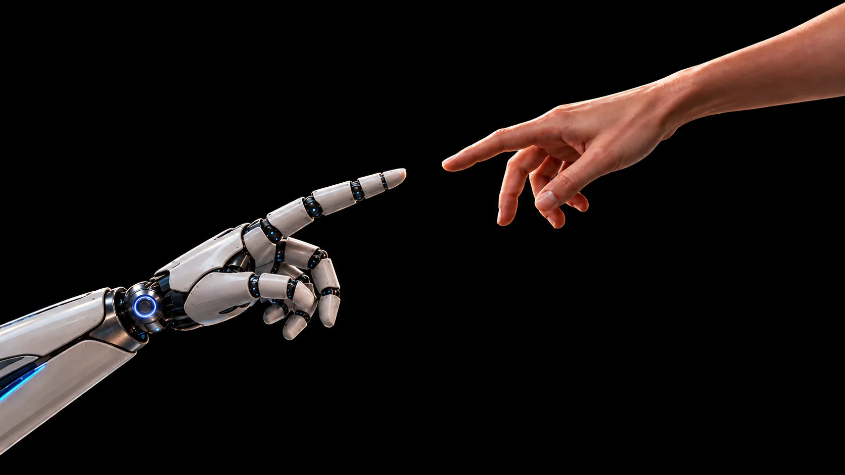 A robotic hand reaches upward from the left toward a human hand reaching down from the right against a black background.